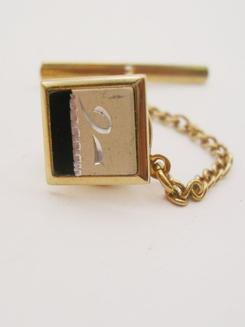Vintage Tie Tack Pin with Chain square hand engraved classic Swank Formal Wear